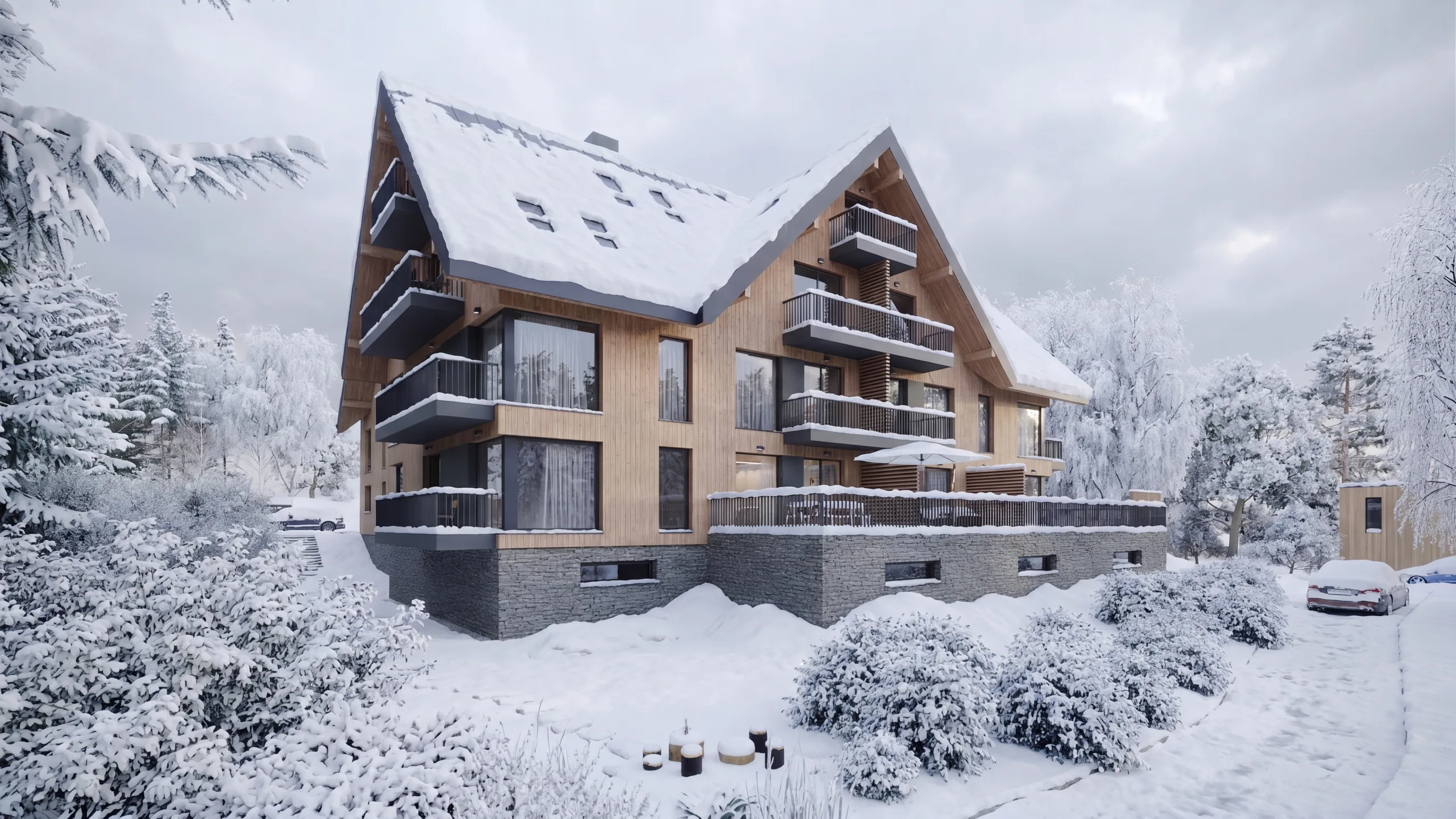 Vizualizace apartmánového domu nad Harrachovem — exteriér