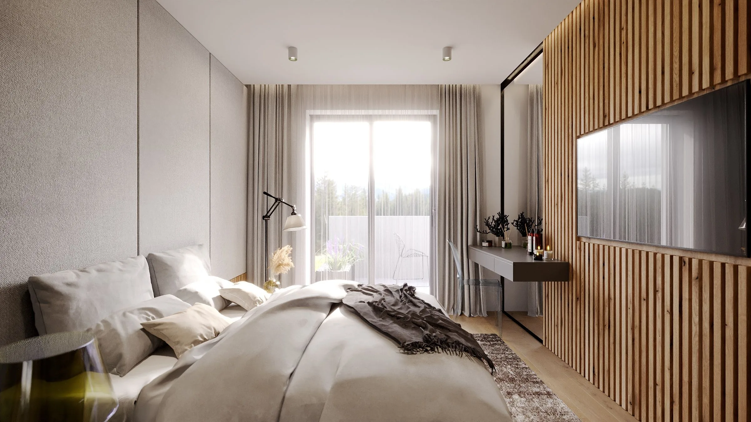 Vizualizace interiéru bytového domu Kostelec — moderní ložnice